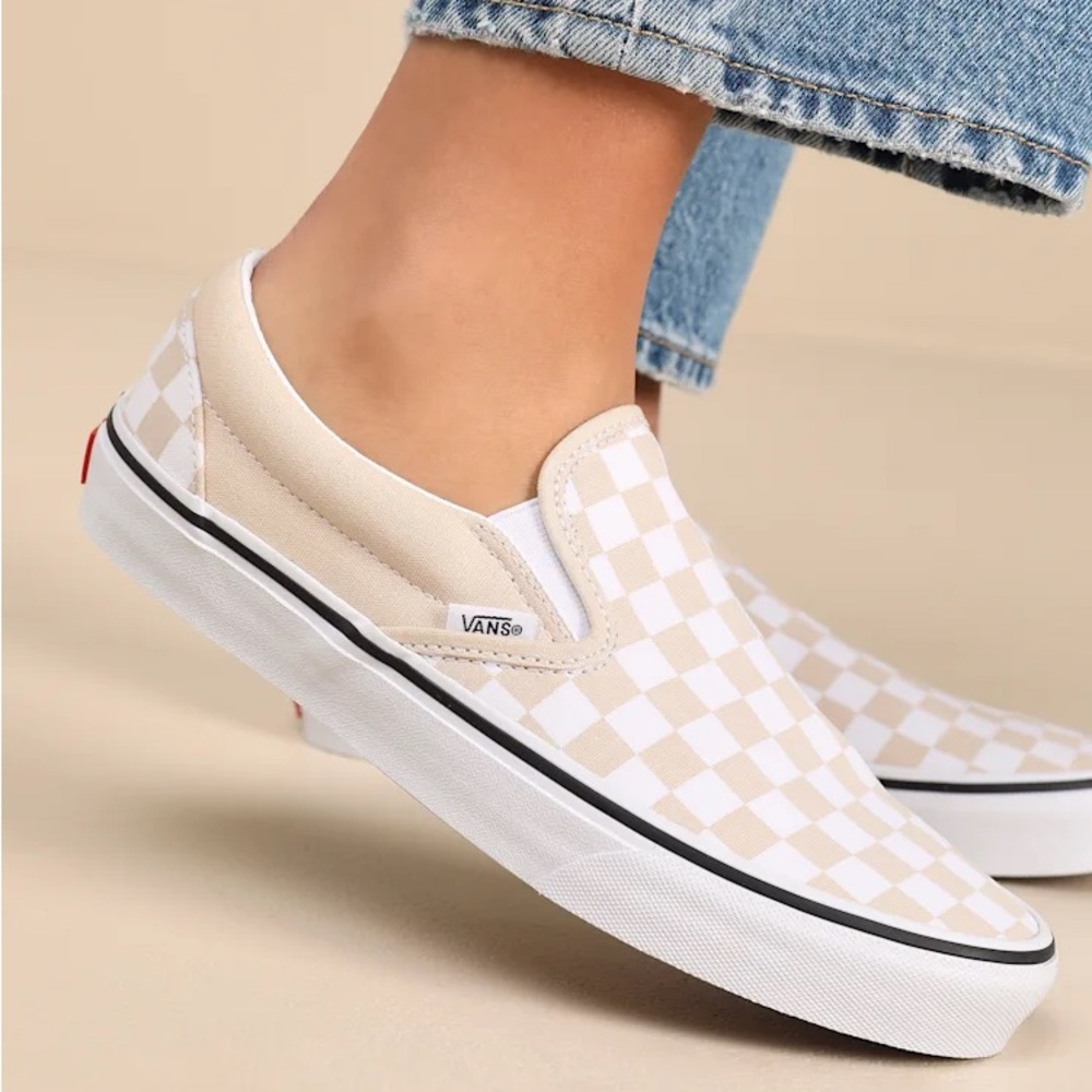 Vans Women's Cream Checkered Slip-On Sneakers
